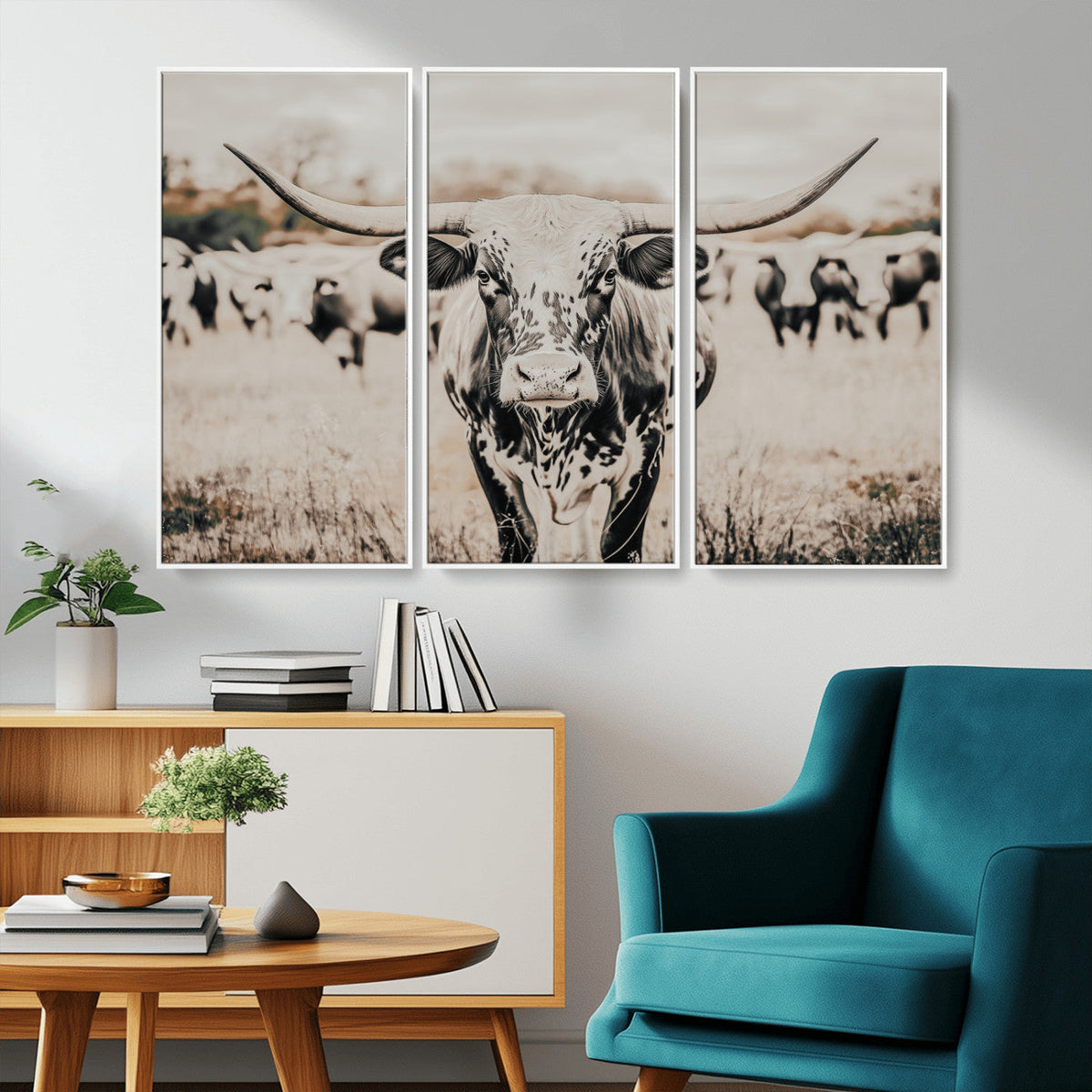 Texas Longhorn Wall Art Canvas Print | Framed Speckled Brown and White Bull