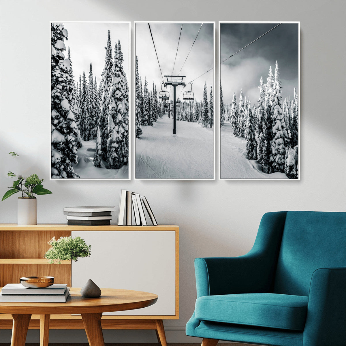 Snowy Pines Wall Art Canvas Print | Ski Lift in a Winter Forest