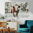 Texas Longhorn Wall Art Canvas Print | Framed Spotted Brown and White Bull