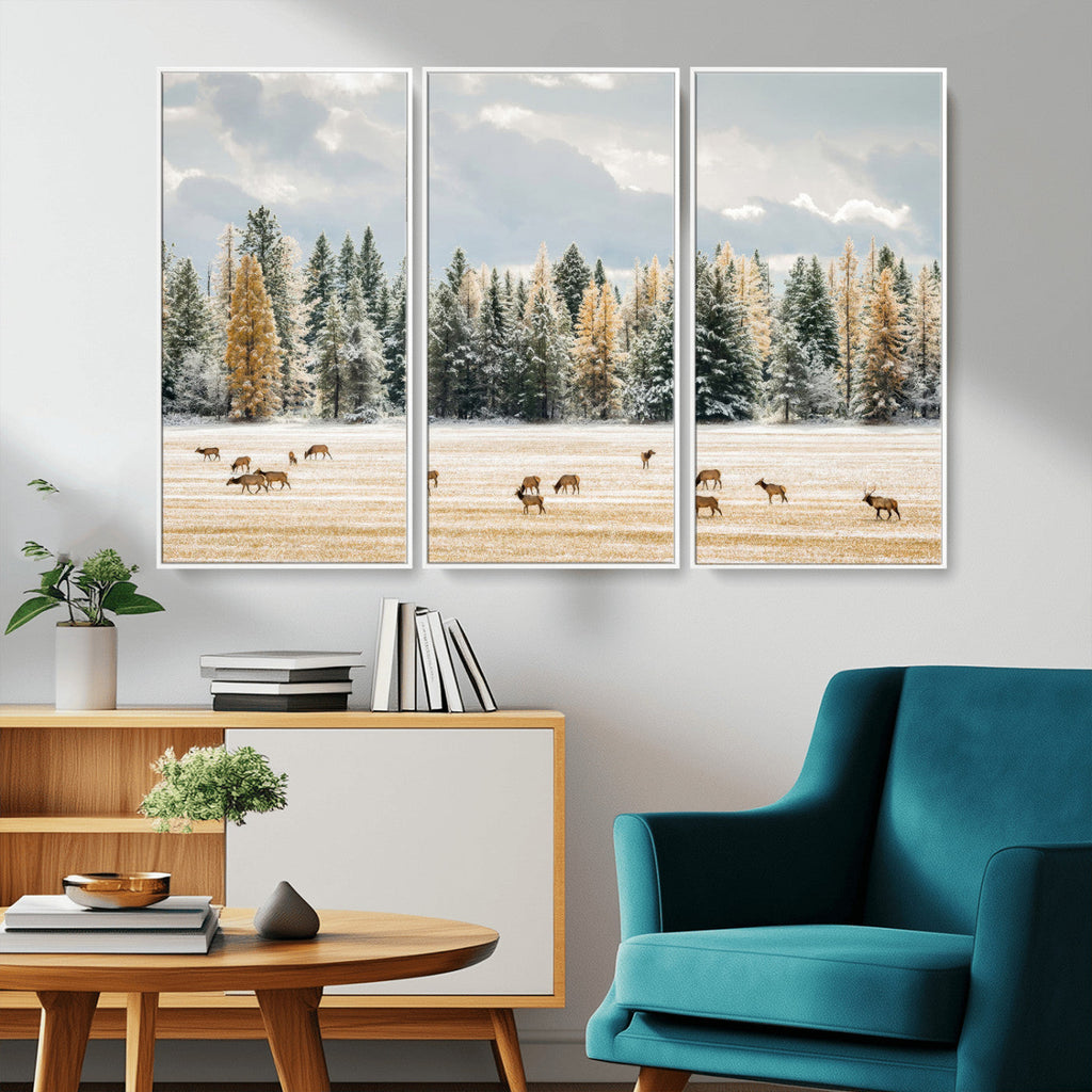 Elk Herd Wall Art, Framed Snowy Forest Canvas Artwork