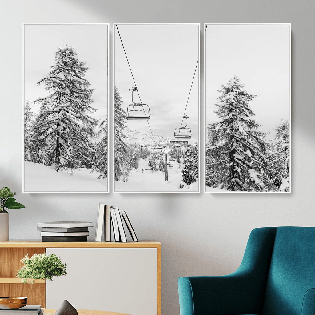 Snowy Ski Lift Wall Art | Framed Winter Forest Canvas