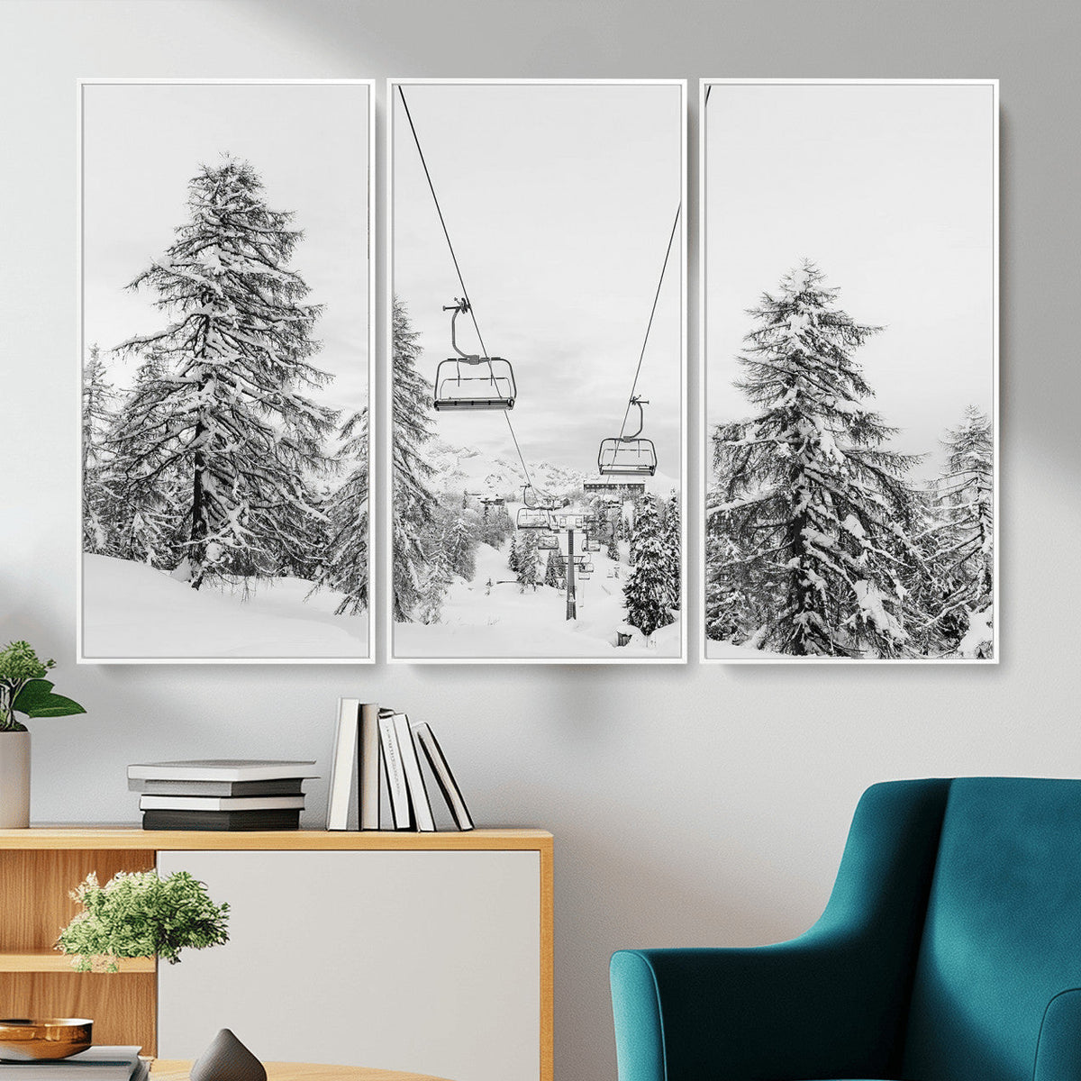 Snowy Ski Lift Wall Art | Framed Winter Forest Canvas