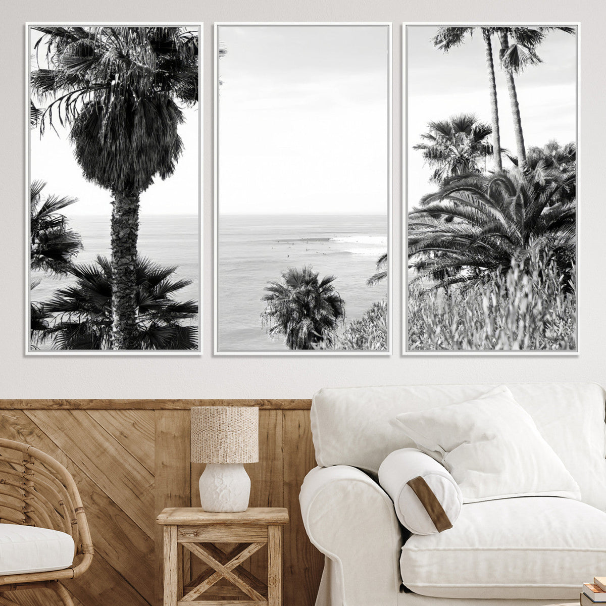 Palm Trees Wall Art Canvas Print, Framed Coastal Ocean Horizon Monochrome Art