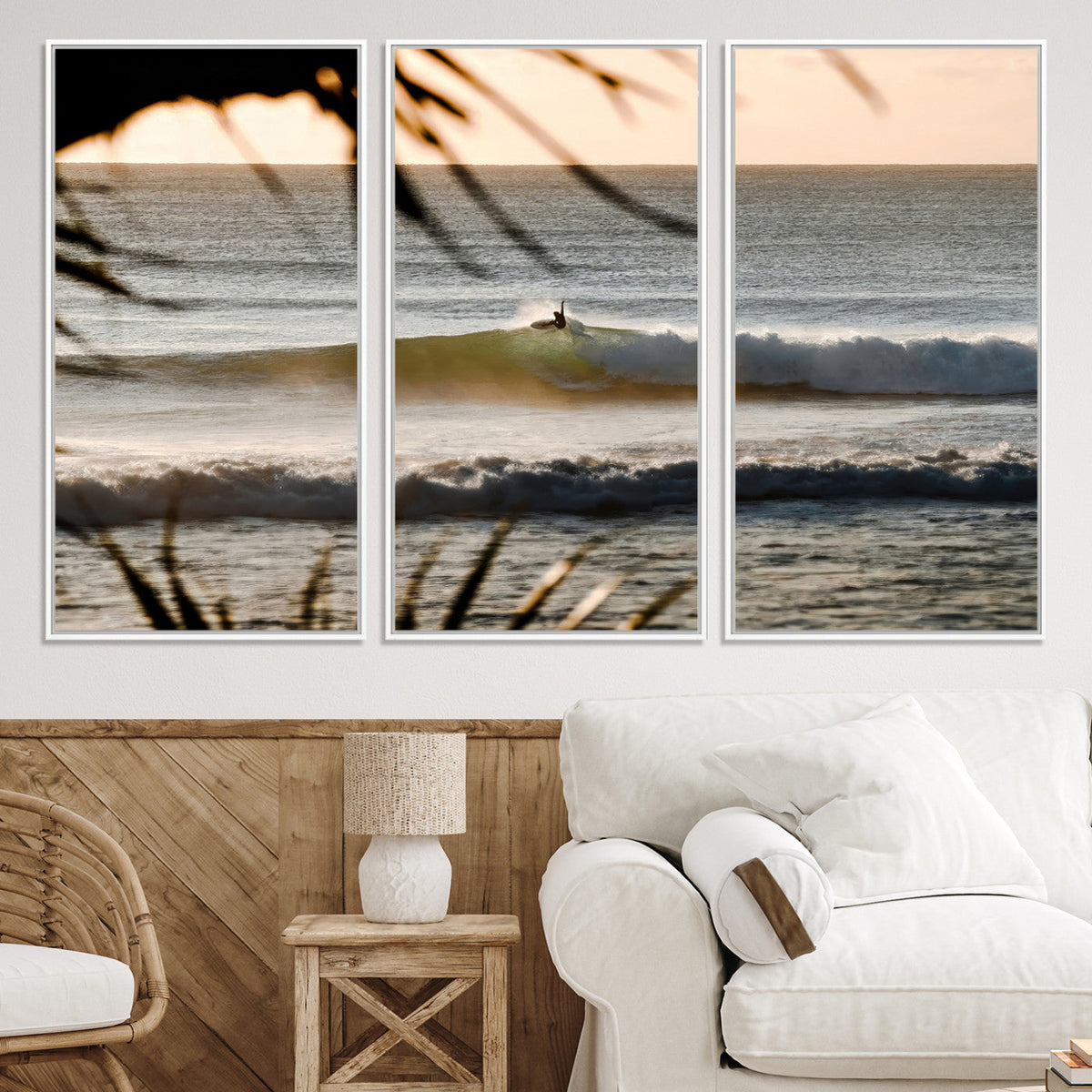 Sunset Surf Wall Art Canvas Print, Framed Golden Hour Waves Boho Beach Art