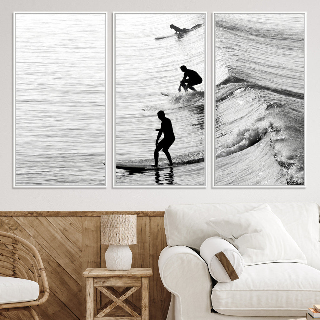 Surfers on Waves Wall Art Canvas Print | Framed Black and White Surf