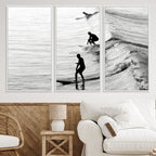 Surfers on Waves Wall Art Canvas Print | Framed Black and White Surf