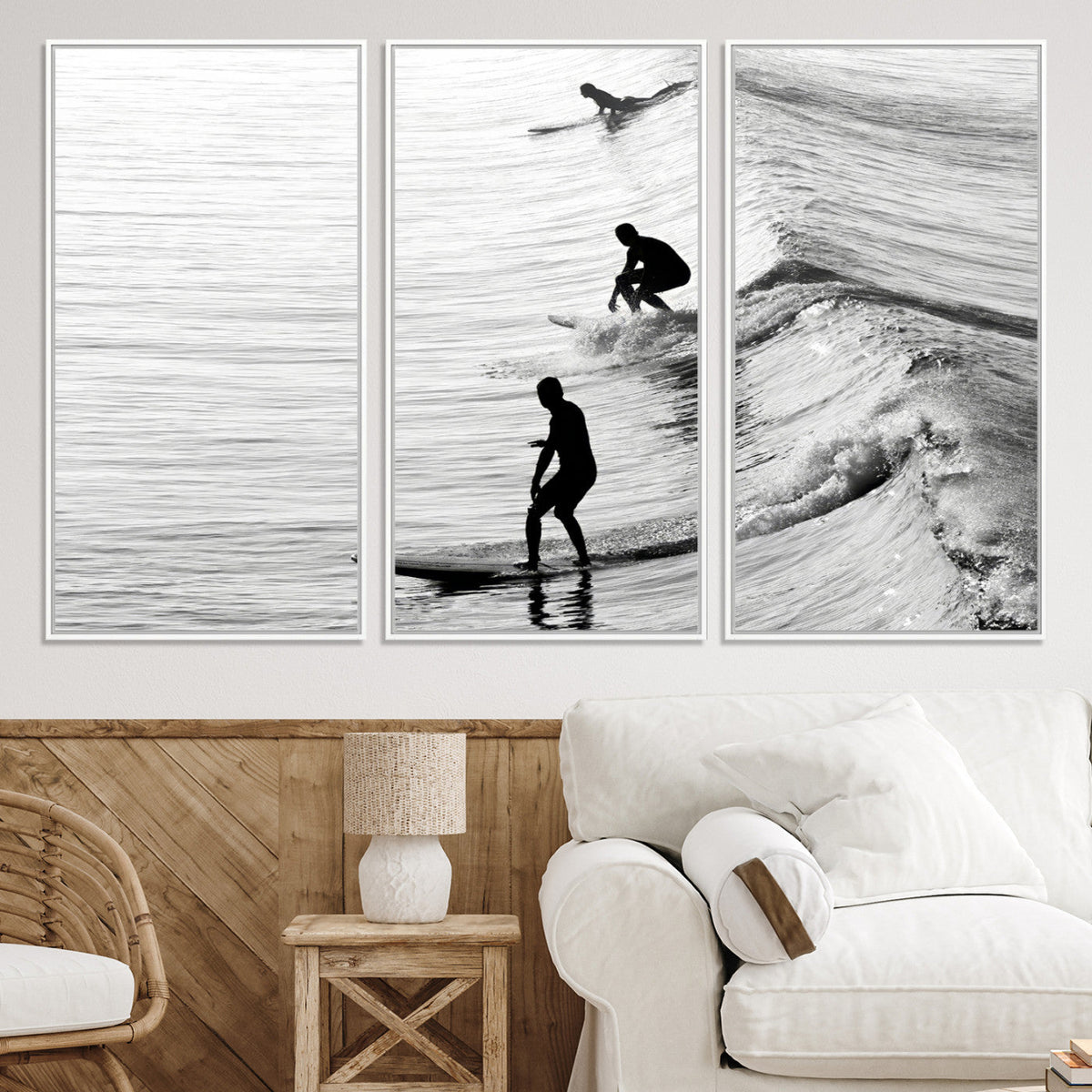 Surfers on Waves Wall Art Canvas Print | Framed Black and White Surf