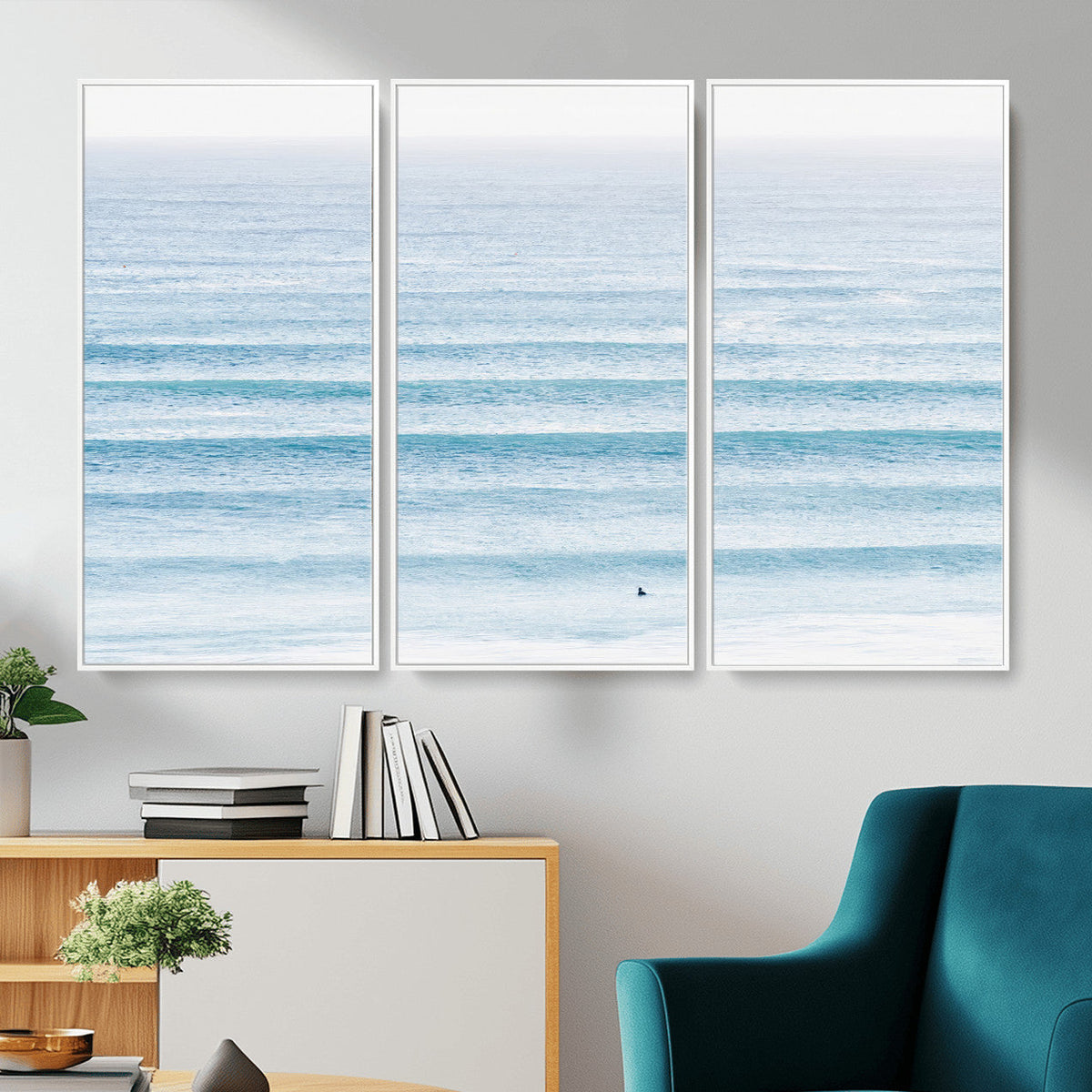Ocean Wave Surfer Wall Art | Framed Minimal Seascape Canvas