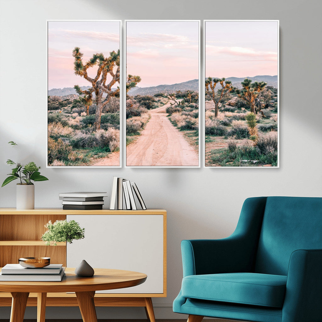 Joshua Tree Wall Art Canvas Print, Framed Desert Road Scene at Sunset
