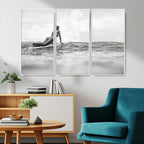 Black and White Surfing Wall Art Canvas Print, Framed Ocean Horizon Surfer Girl