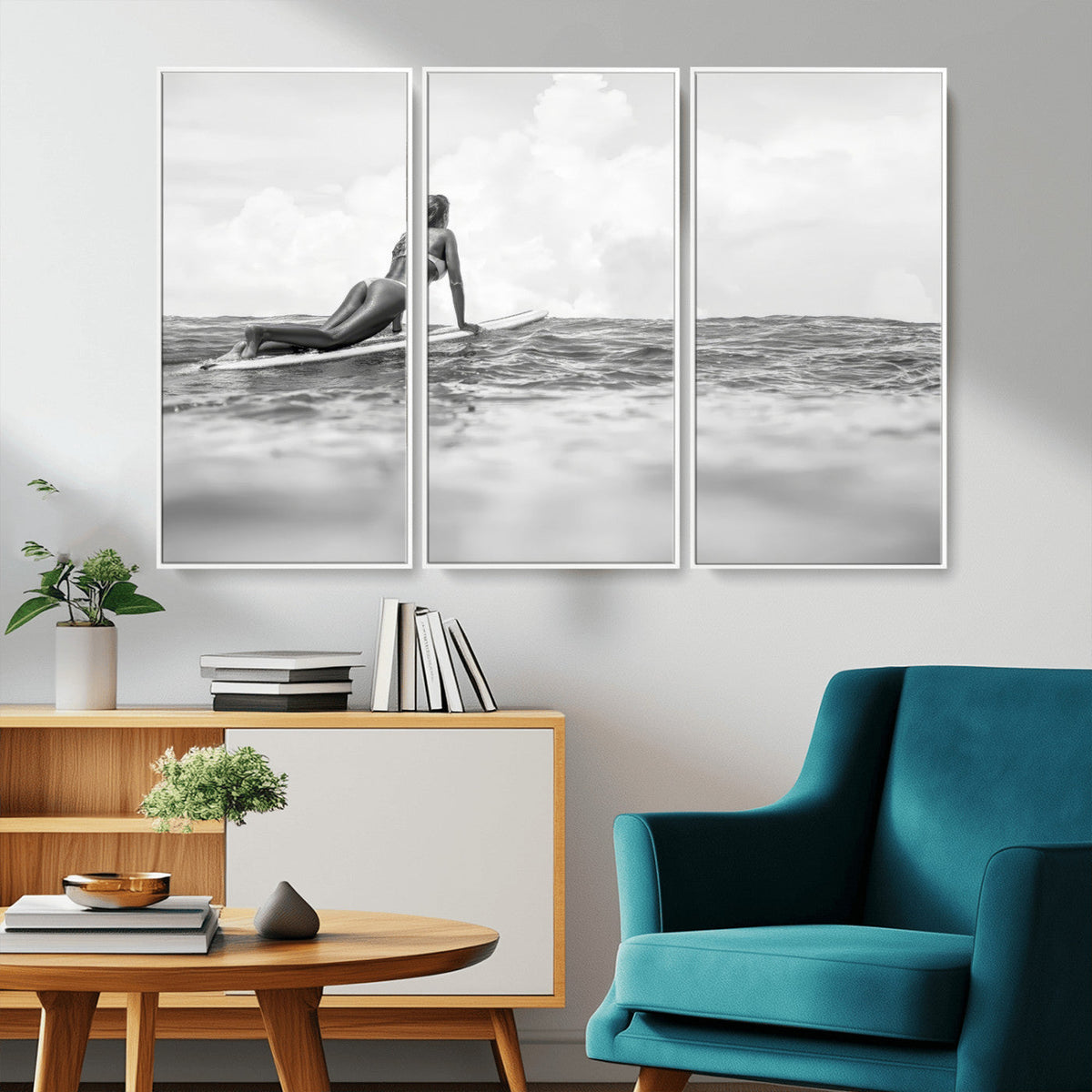 Black and White Surfing Wall Art Canvas Print, Framed Ocean Horizon Surfer Girl