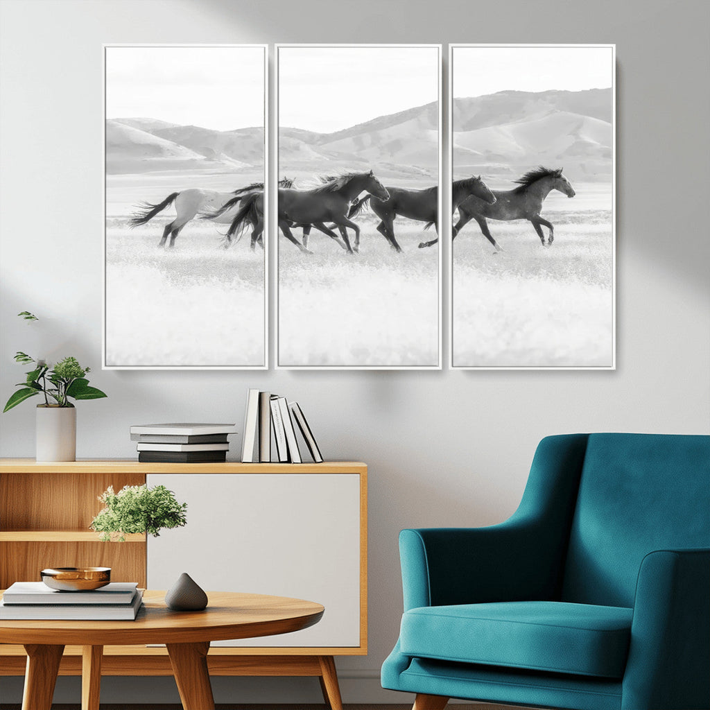 Wild Horses Running Wall Art Canvas Print, Framed Black White Mustangs Artwork