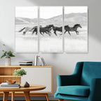 Wild Horses Running Wall Art Canvas Print, Framed Black White Mustangs Artwork