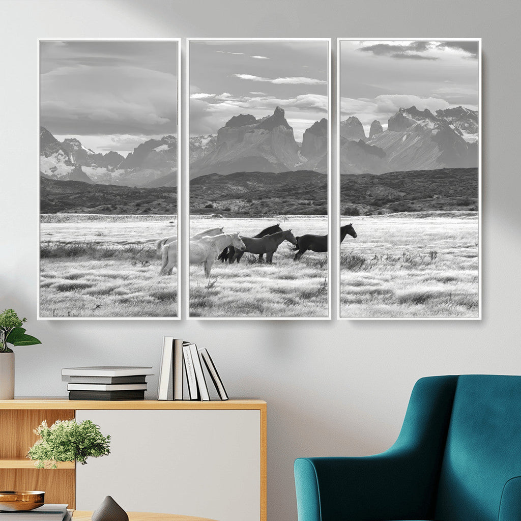 Wild Horses Wall Art | Framed Black White Mountain Canvas
