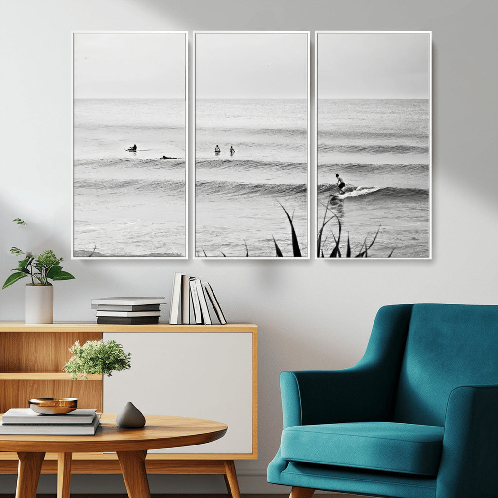 Surfer Silhouette Wall Art | Framed Calm Ocean Canvas