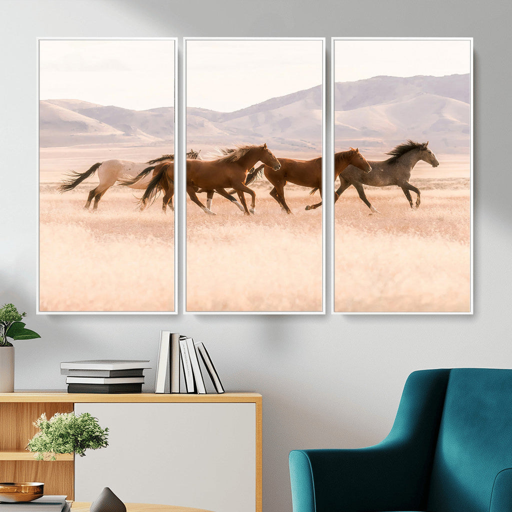 Wild Horse Wall Art Canvas Print, Framed Rustic Western Art, Desert Horse Scene