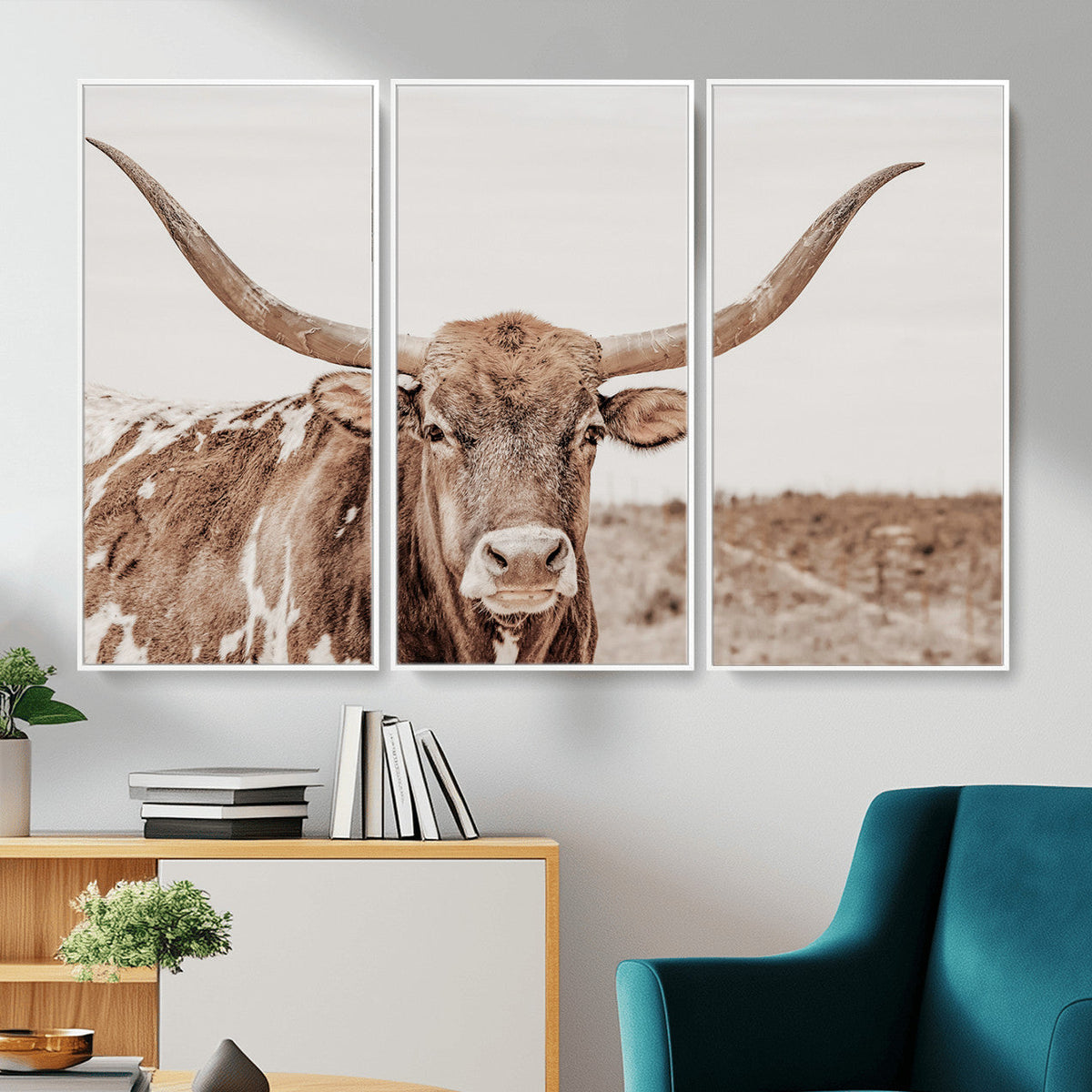 Longhorn Cow Wall Art Canvas Print, Framed Texas Ranch Print, Western Bull Art, Cowboy Decor
