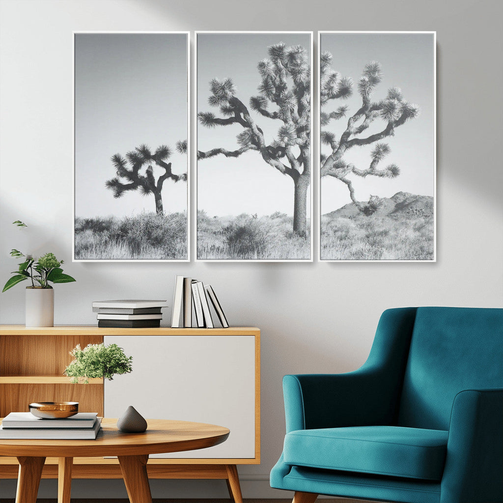 Joshua Tree Wall Art Canvas Print, Framed Black and White Desert Landscape Artwork