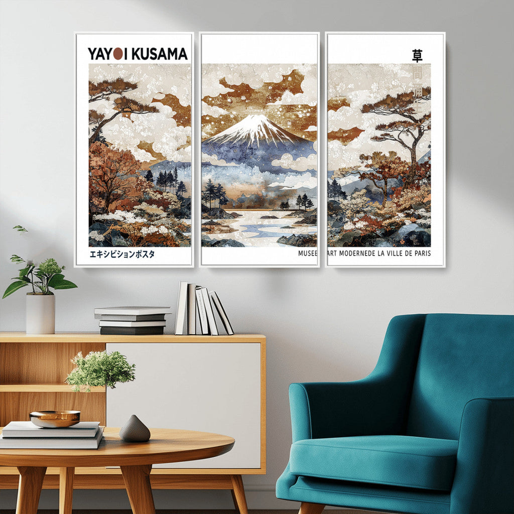 Modern Japanese Mount Fuji Canvas Art Print, Yayoi Kusama Wall Art, Framed Abstract Japanese Landscape
