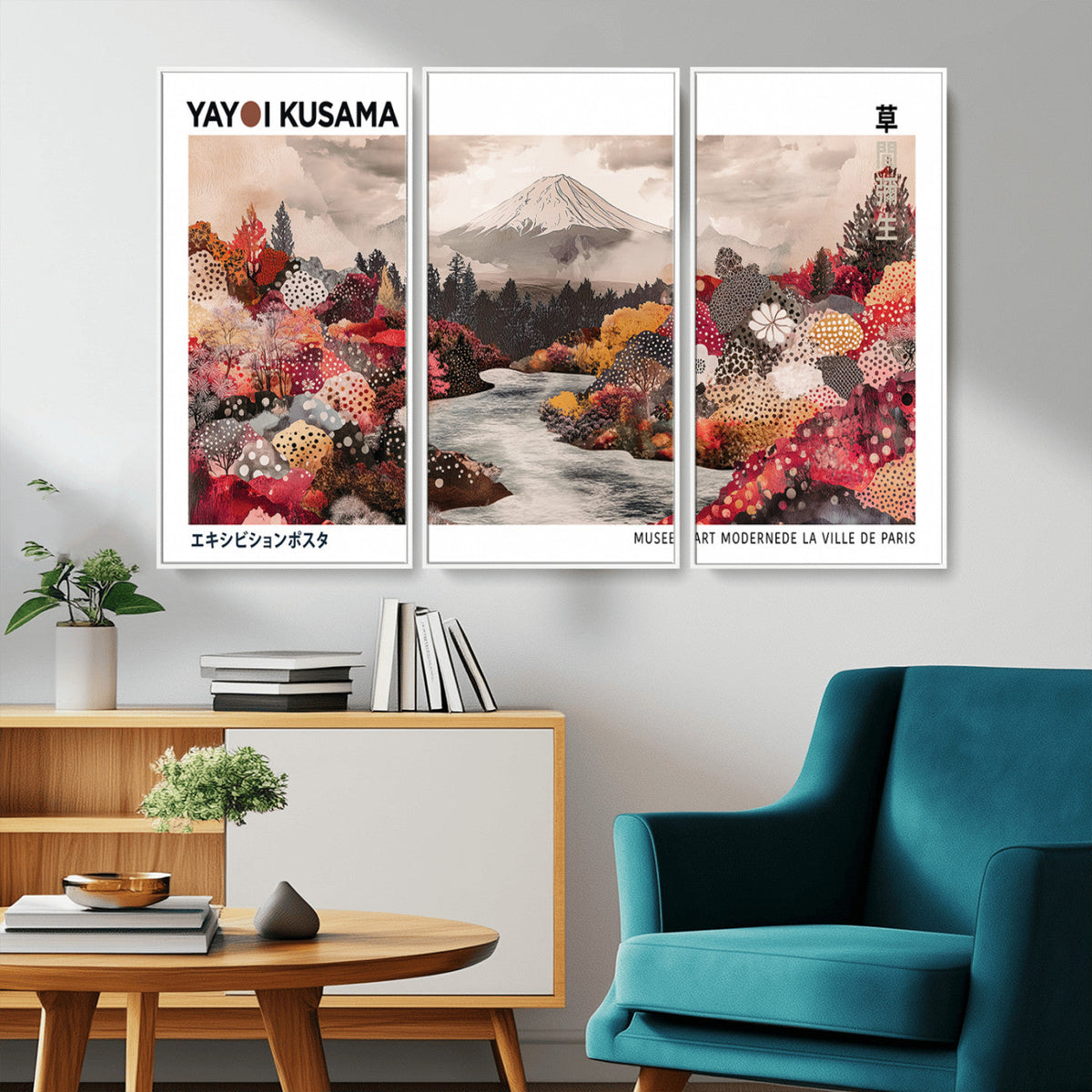 Modern Japanese Wall Art Canvas Print, Framed Abstract Mount Fuji Art, Yayoi Kusama Japanese Landscape
