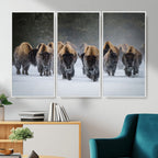 Bison Herd Wall Art Canvas Print, Framed Rustic Wildlife Decor, Snowy Bison Landscape