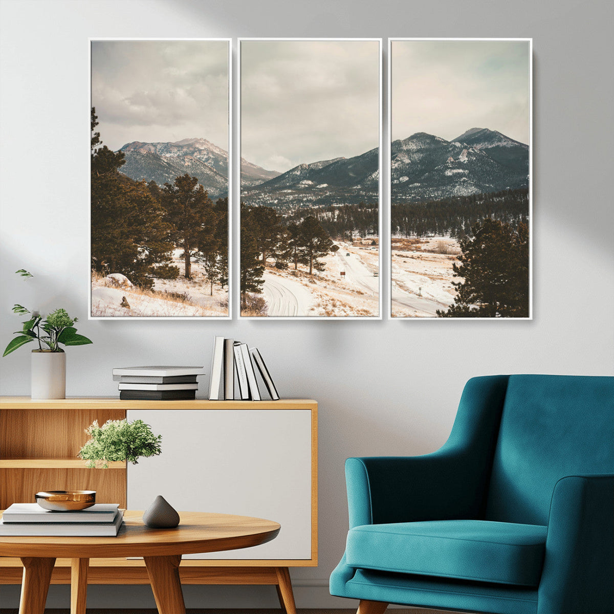 Mountain Landscape Wall Art Canvas Print, Framed Snowy Peaks Alpine Winter