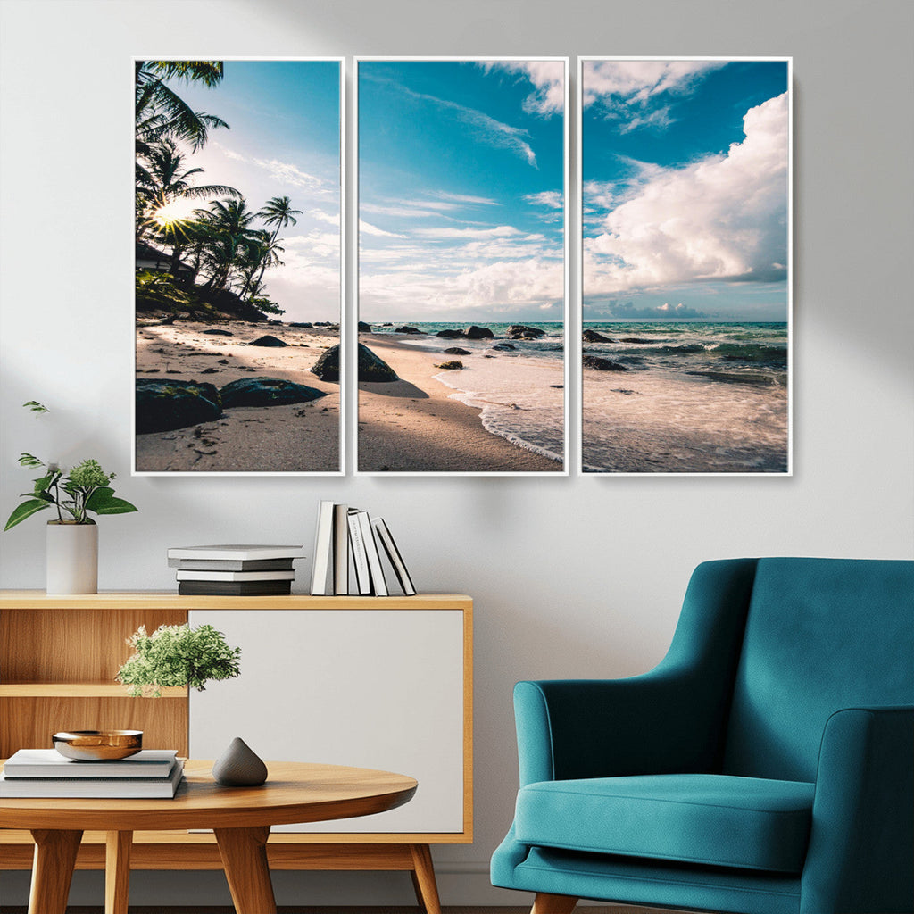 Tropical Beach Wall Art Canvas Print, Framed Ocean Waves Relaxing Seascape
