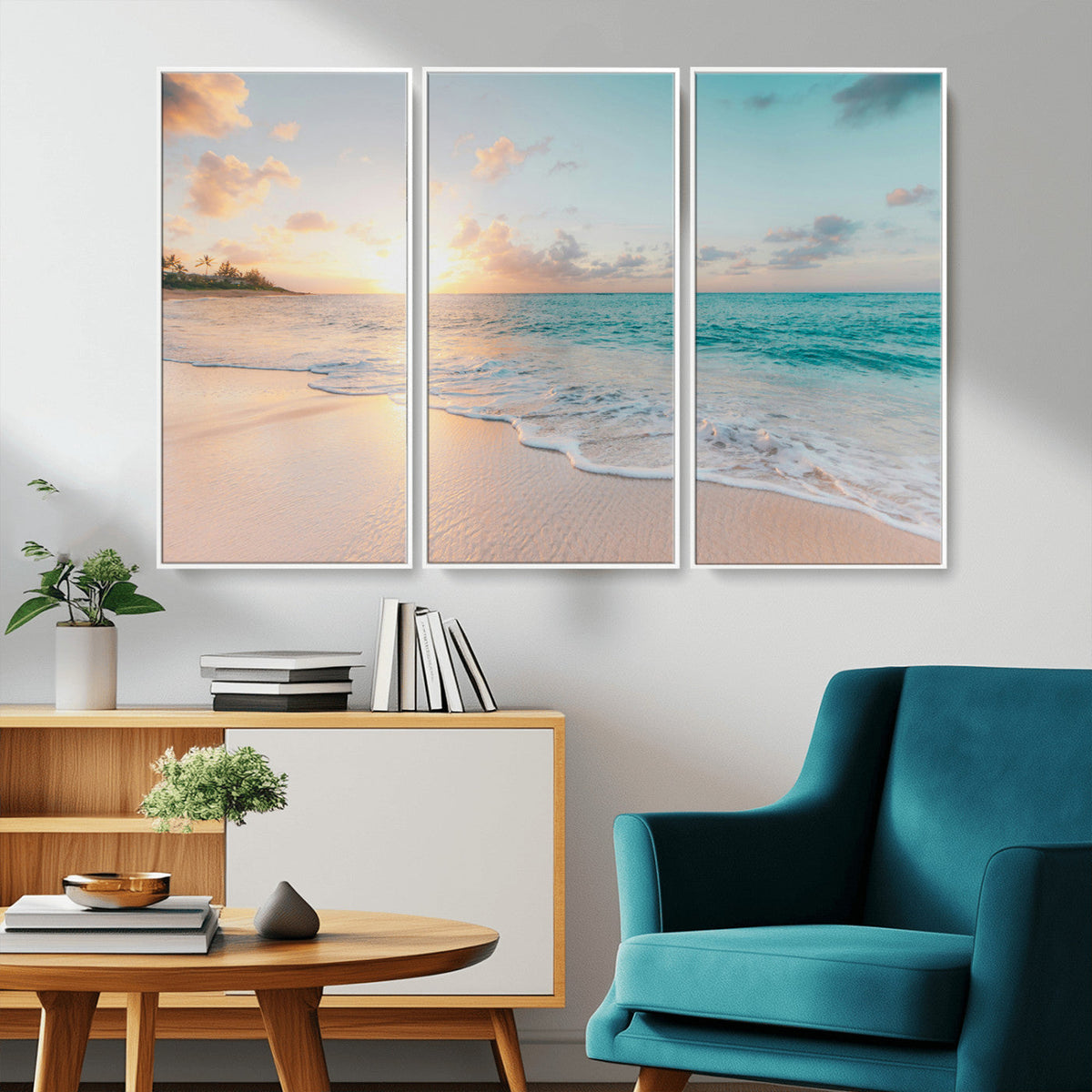 Beach Sunset Wall Art Canvas Print, Framed Ocean Waves Summer Escape