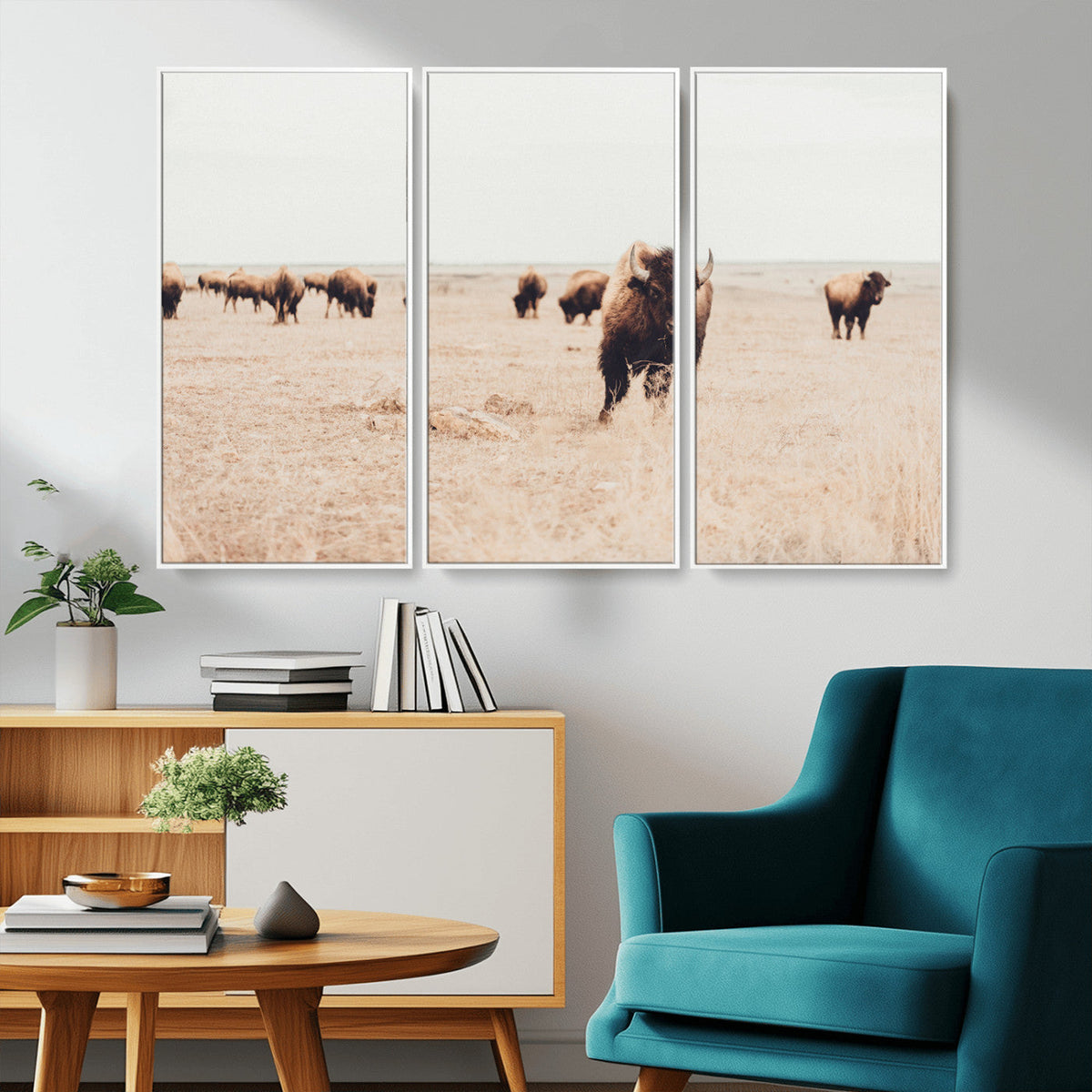 Bison Herd Wall Art Canvas Print, Framed Western Prairie Serenity
