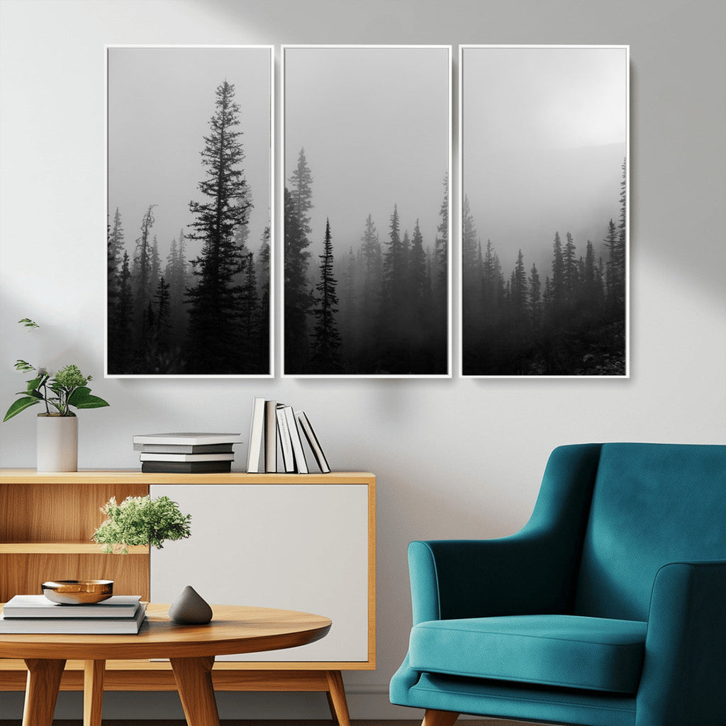 Misty Pines Wall Art Canvas Print, Framed Woodland Minimalist Black and White