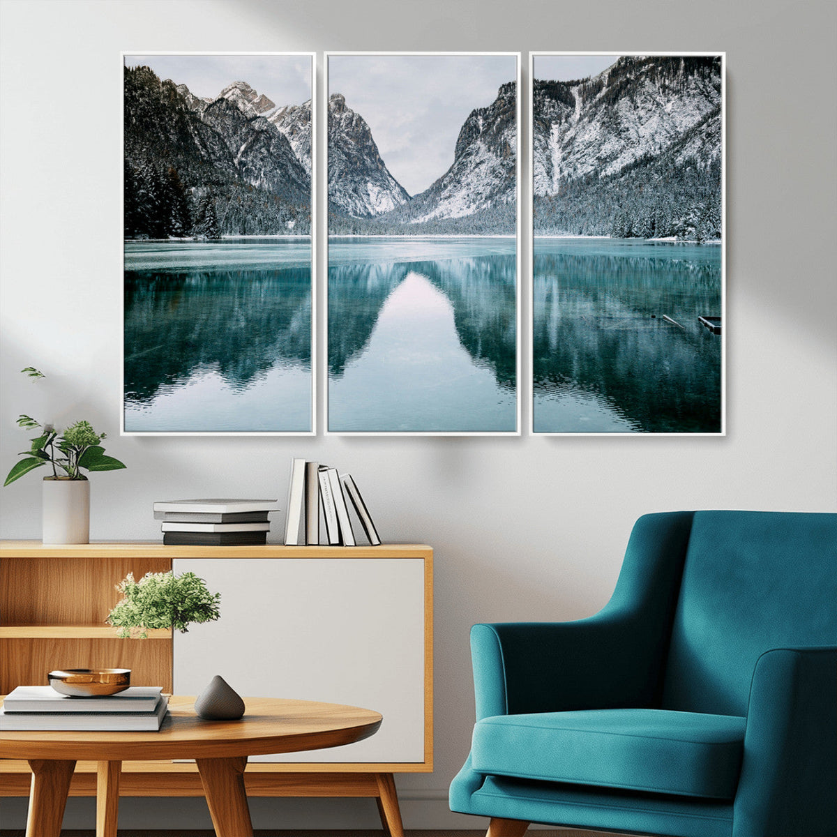 Mountain Lake Wall Art Canvas Print, Framed Toblacher See Winter Wonderland