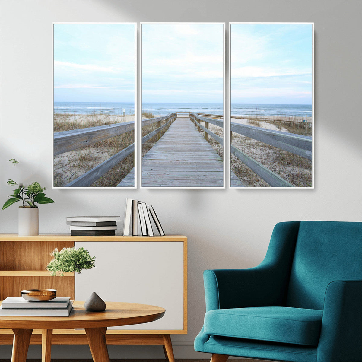 Beach Boardwalk Wall Art Canvas Print, Framed Coastal Serenity Ocean View