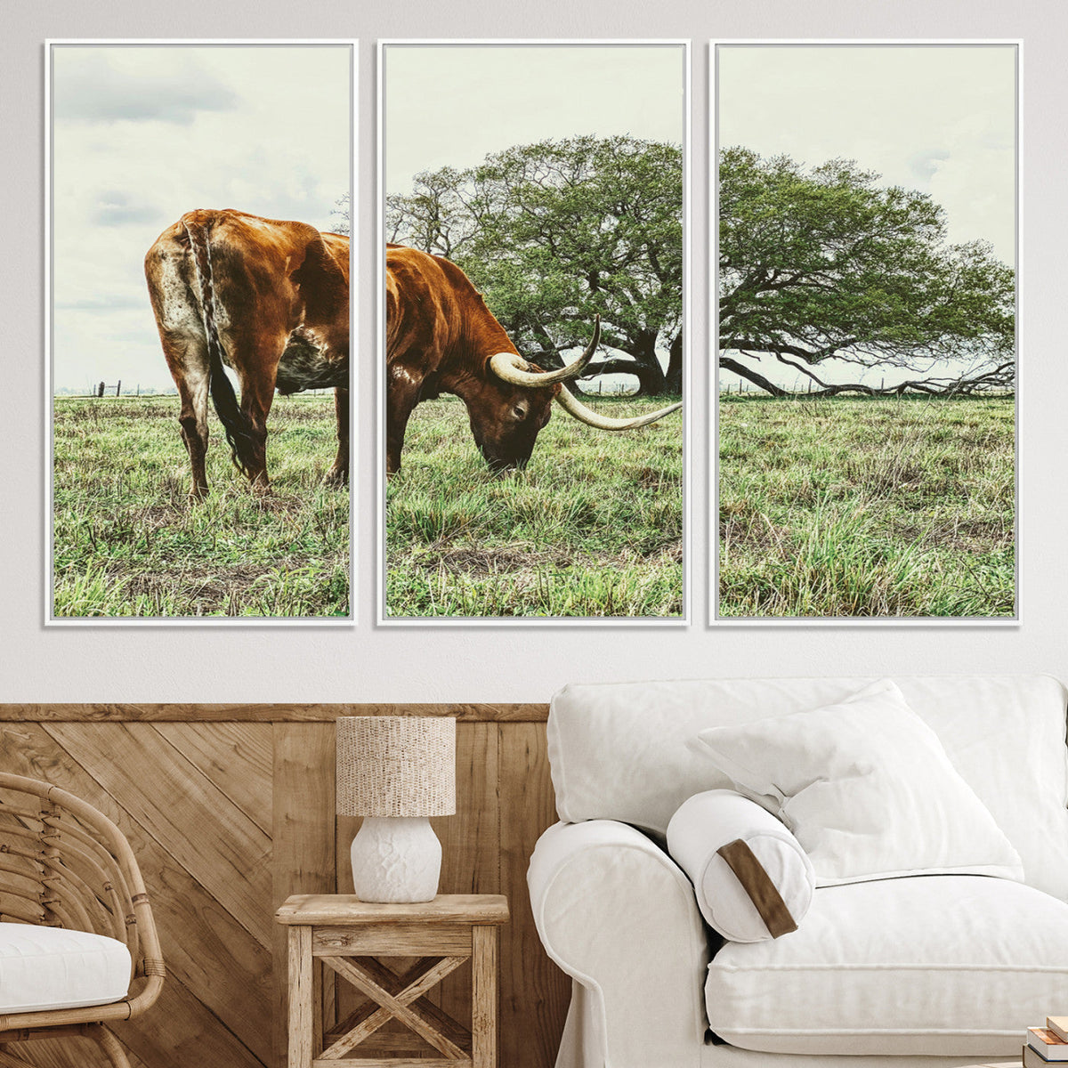 Texas Longhorn Wall Art Canvas Print, Rustic Western Ranch