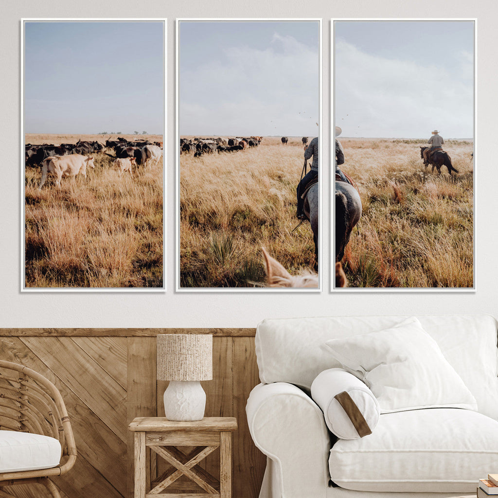 Western Wall Art Canvas Print, Framed Cowboy Cattle Drive Scene