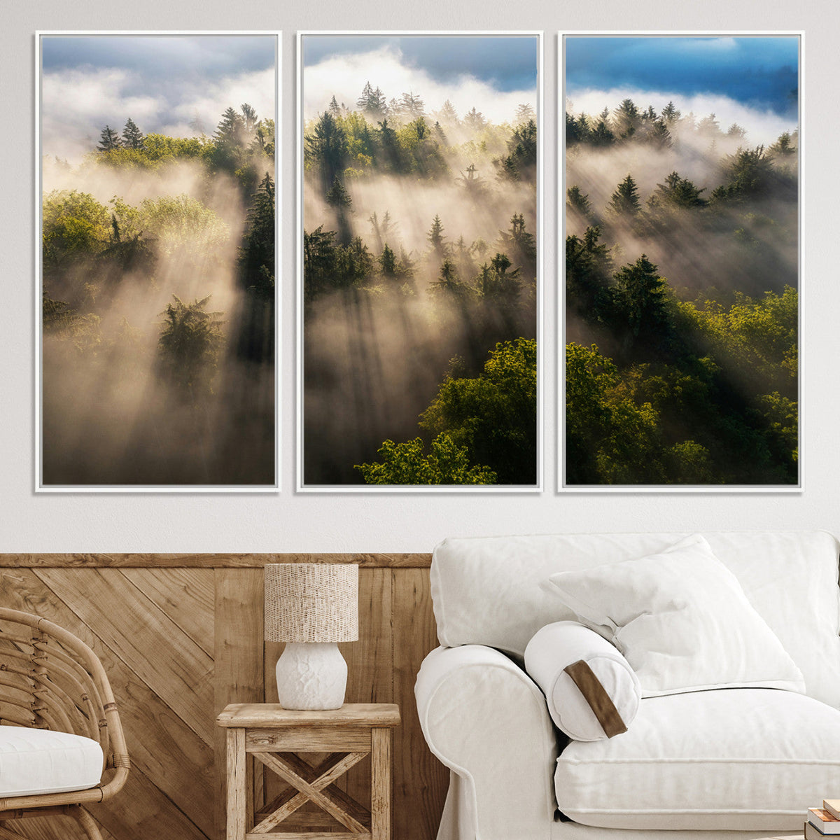Tranquil Forest Scene Wall Art Canvas Print, Framed Moody Sunbeam Through Trees