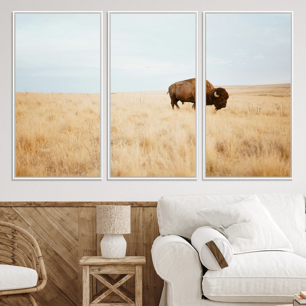 Buffalo Wall Art Canvas Print, Framed Western Wildlife Rustic Prairie Scene