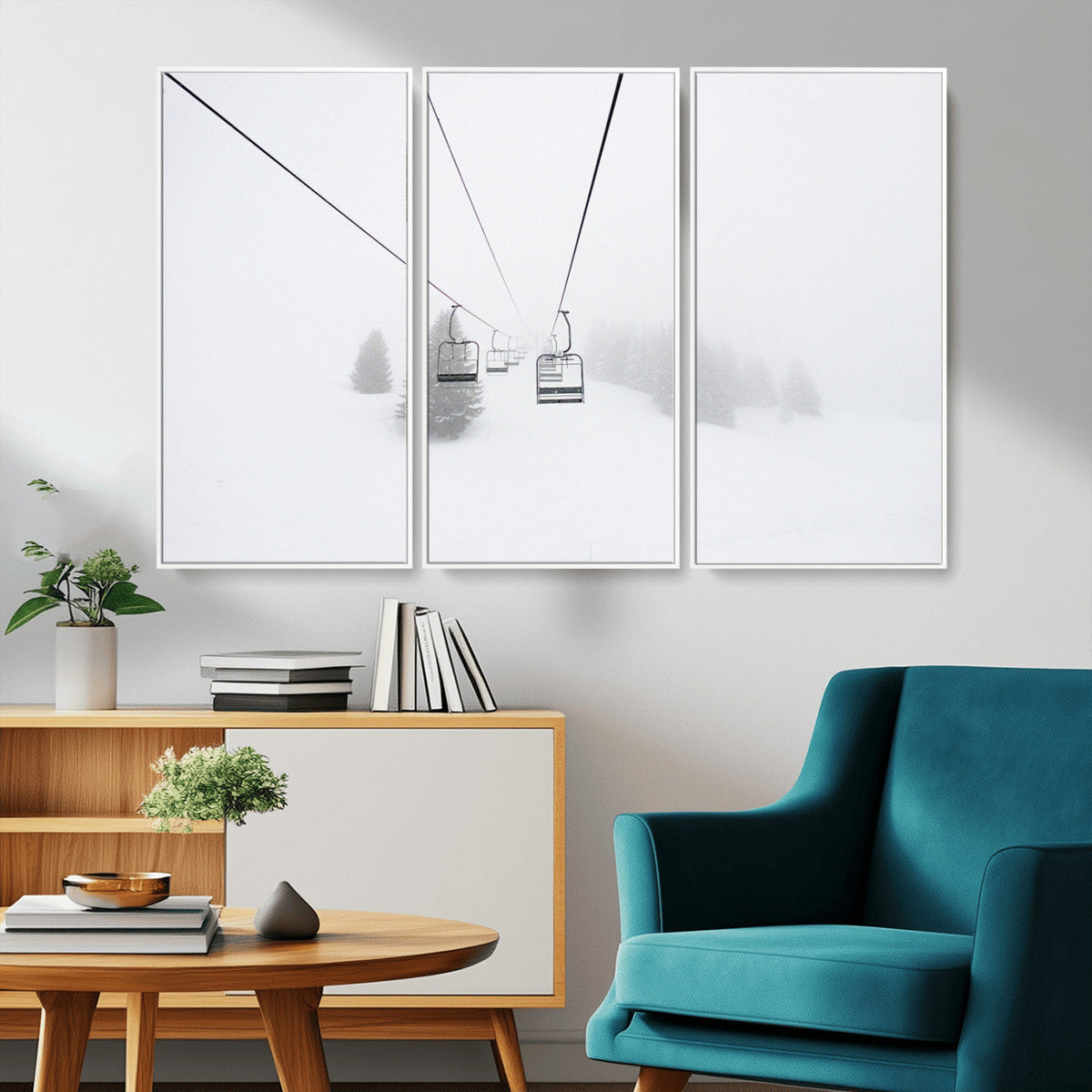 Ski Lift Wall Art Canvas Print, Framed Snowy Landscape Art, Alpine Adventure Nordic Minimalist Decor
