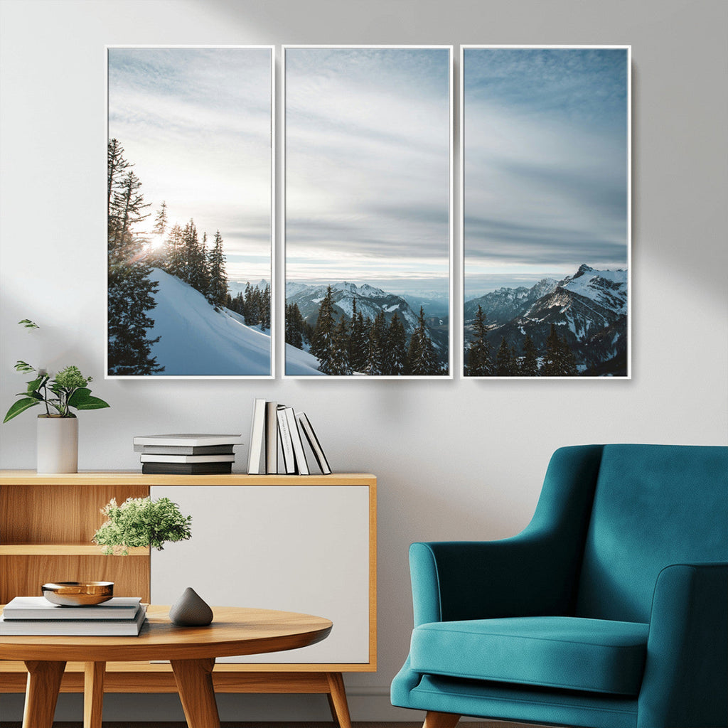 Snowy Mountains Wall Art Canvas Print, Framed Alpine Landscape Frosty Peaks Artwork