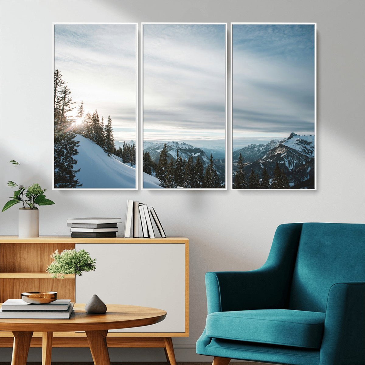 Snowy Mountains Wall Art Canvas Print, Framed Alpine Landscape Frosty Peaks Artwork