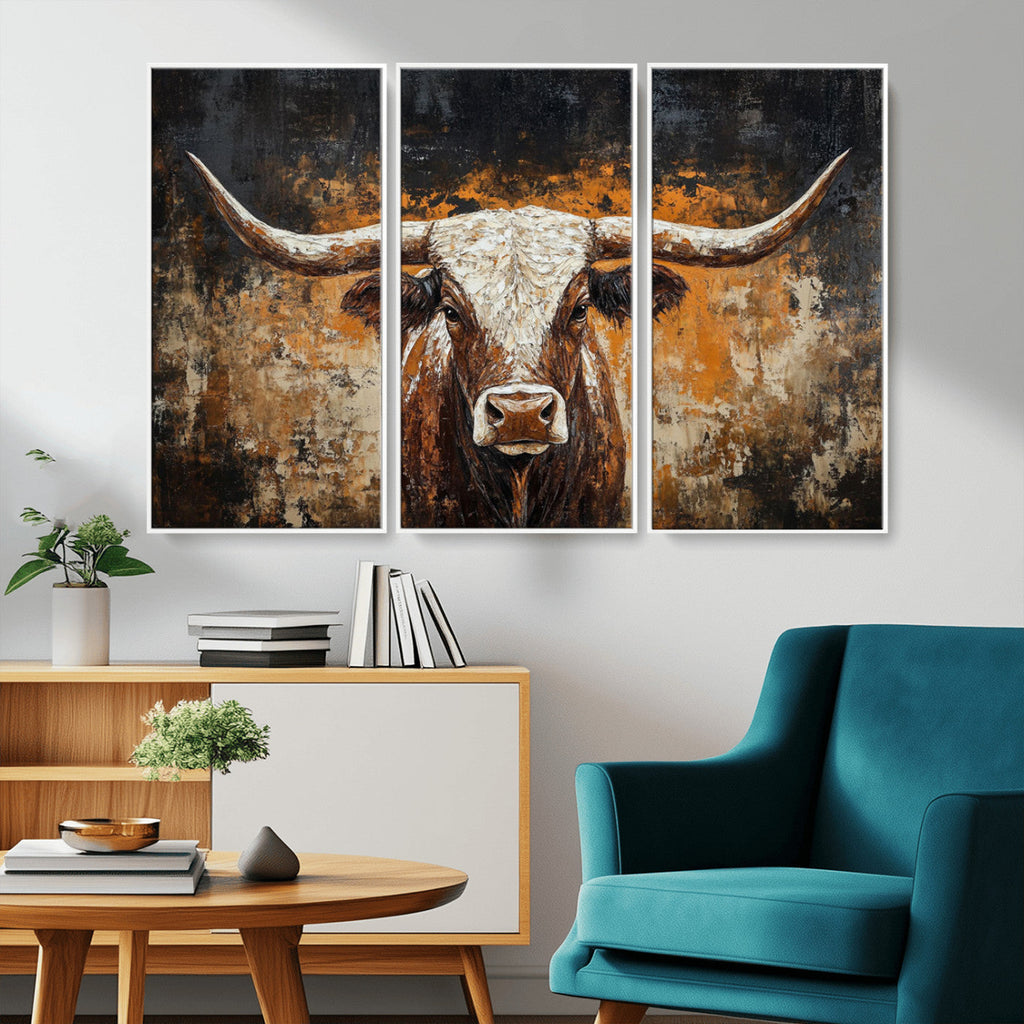 Abstract Longhorn Bull Wall Art Canvas Print, Vintage Western Texas Steer Artwork