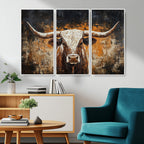 Abstract Longhorn Bull Wall Art Canvas Print, Vintage Western Texas Steer Artwork