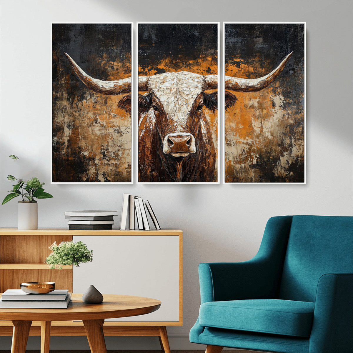 Abstract Longhorn Bull Wall Art Canvas Print, Vintage Western Texas Steer Artwork