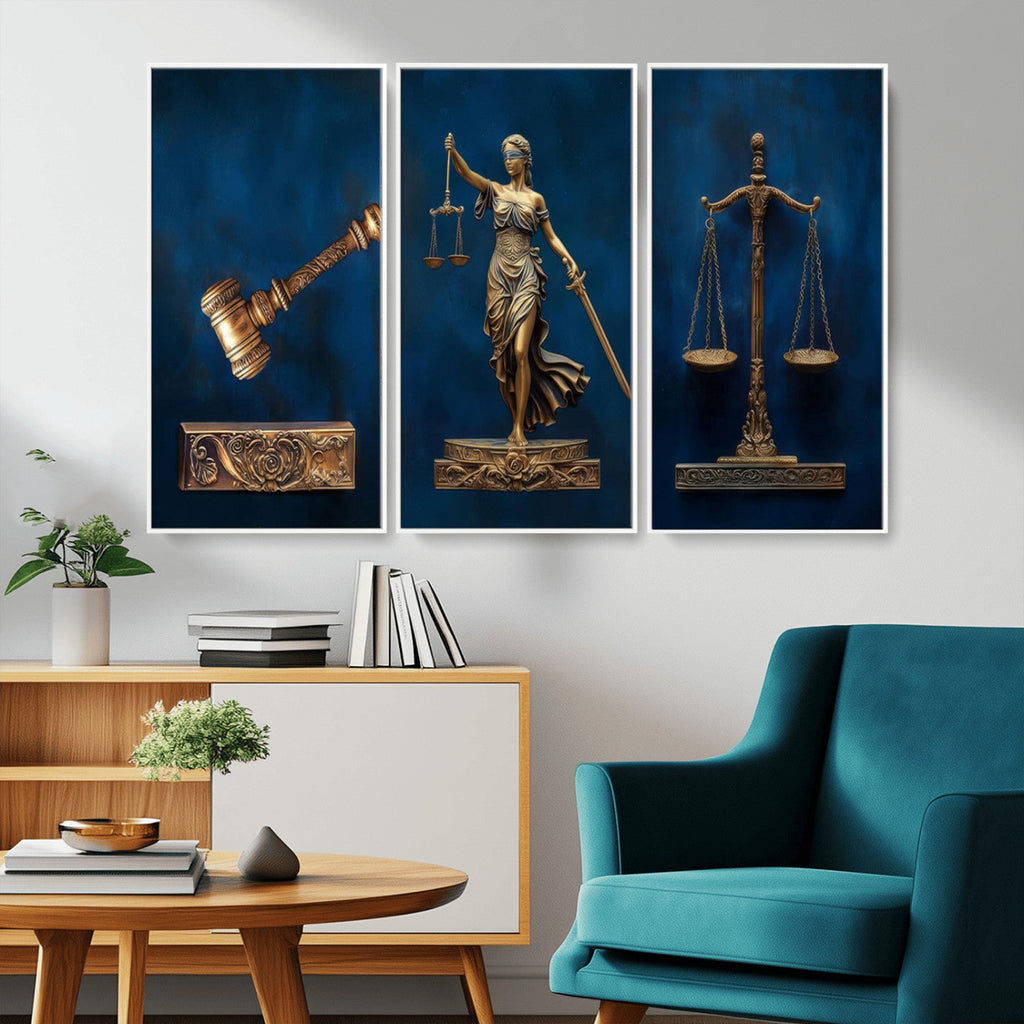 Lady Justice Wall Art Canvas Print, Elegant Gold Legal Symbols on Blue, Law Office Decor