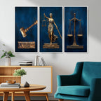 Lady Justice Wall Art Canvas Print, Elegant Gold Legal Symbols on Blue, Law Office Decor