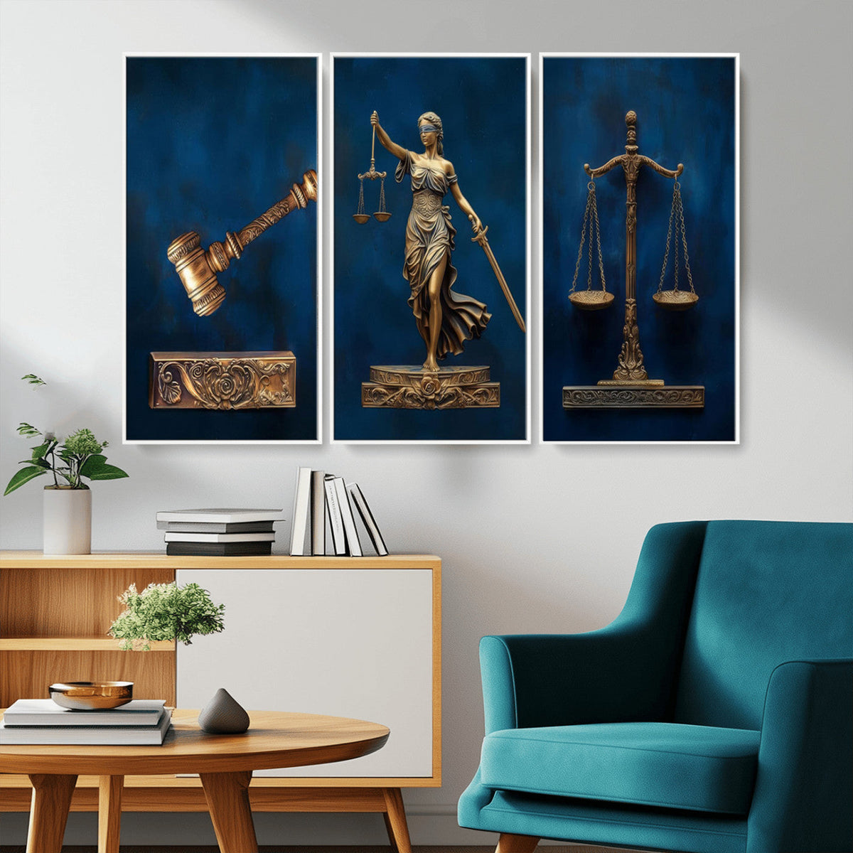 Lady Justice Wall Art Canvas Print, Elegant Gold Legal Symbols on Blue, Law Office Decor