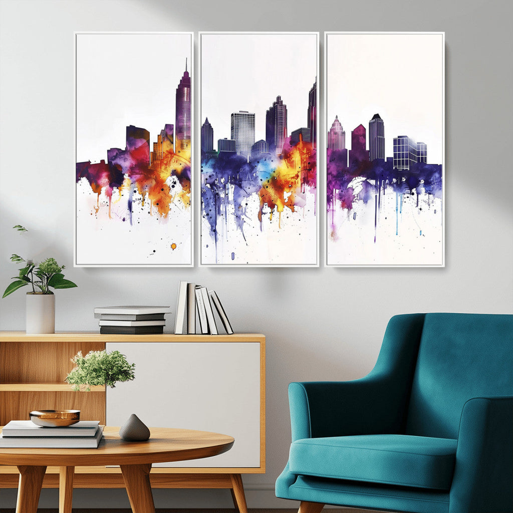 Atlanta Skyline Wall Art Canvas Print, Framed Colorful Watercolor Cityscape