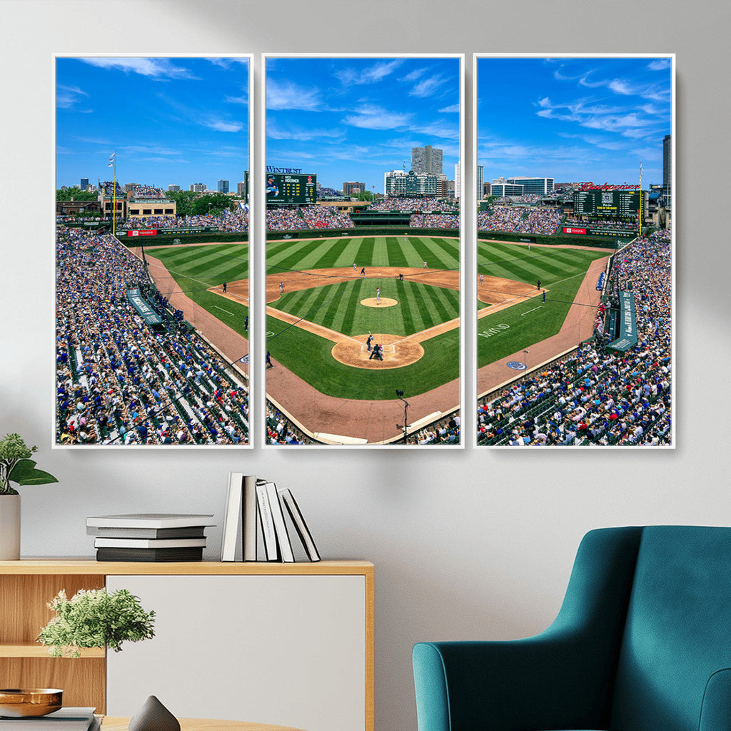 Wrigley Field Baseball Stadium Canvas Wall Art, Packed Crowd and Chicago Skyline