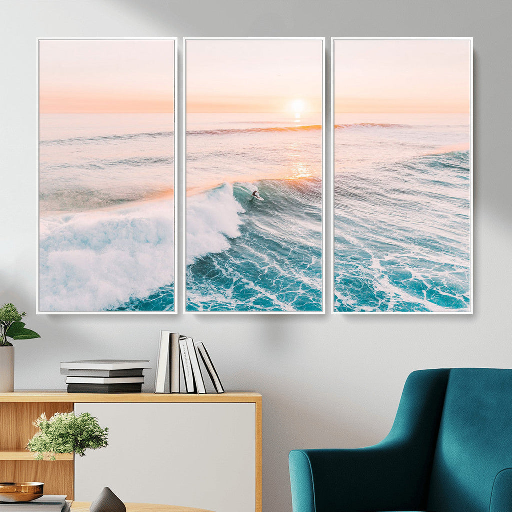 Sunset Surfing Wall Art Canvas Print, Ocean Wave Surfer with Golden Sky