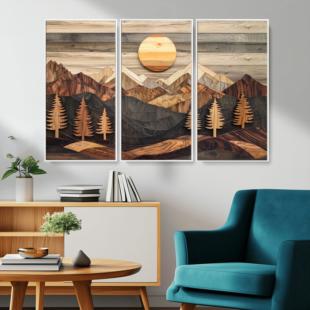 Wooden Mountain Layers Art | Rustic Pine Tree Landscape