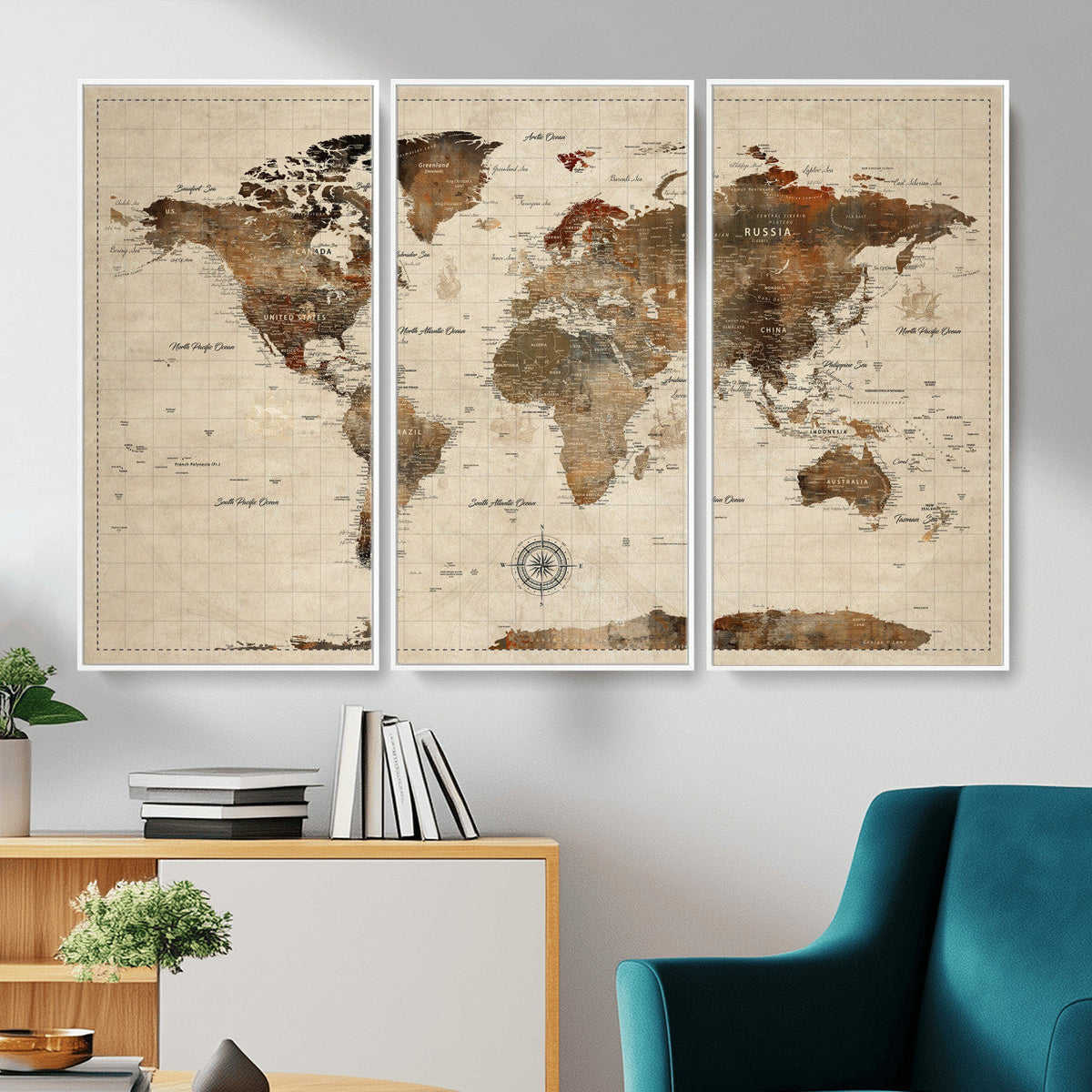 Vibrant Earth Tone World Map Canvas Print | Framed Detailed Map of the World